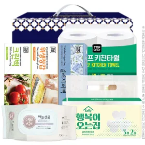 집들이세트6종1호(사피25M*2롤,롤타입키친타올100매2롤,위생장갑,크린백,컬러지퍼백,물티슈50매) | 주방용품세트 판촉물 제작