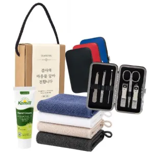 가정용 위생키트 777 쓰리쎄븐 손톱깎이(6PCS)  + 코지 고리수건 + 카밀 핸드크림 선물세트 | 손톱깍이선물세트 판촉물 제작