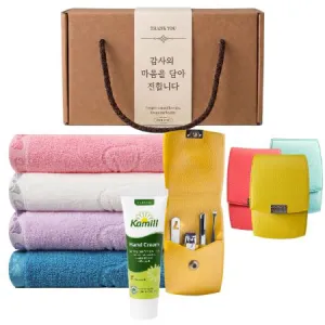 오마샤리프 리본 150g 호텔 수건 타올 + 777 쓰리쎄븐 손톱깎이(4pcs) + 카밀 핸드크림 선물세트 | 손톱깍이선물세트 판촉물 제작