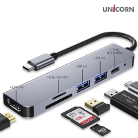 유니콘 C타입 6in1 HDMI 미러링 멀티허브 PD100W 충전 가능한 TH-601C (110mm x 27mm x 10mm / 케이블 길이 145mm / 20g) | USB허브 어댑터 판촉물 제작