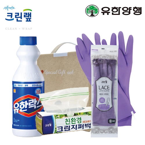 주방소모품/일회용 주방용품세트 친환경스위트홈세트40호 (유한양행 유한락스+크린랩지퍼백+레이스고무장갑) 상품 사진